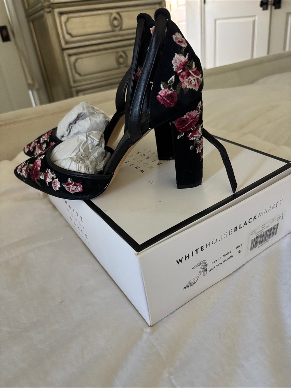 White House Black Market Black Heels with Pink and Cream Floral Embroidery